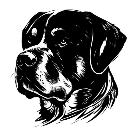 This striking black and white illustration features a dog's head in detailed lines, capturing its loyalty and strong character in a unique art style.のイラスト素材