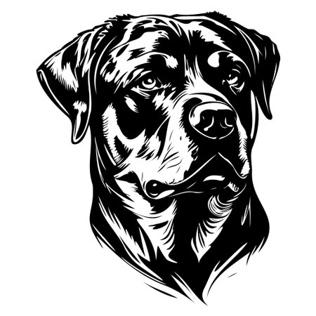 This striking black and white illustration showcases a detailed portrait of a dog head, emphasizing the strong character and expressive nature of canines.のイラスト素材