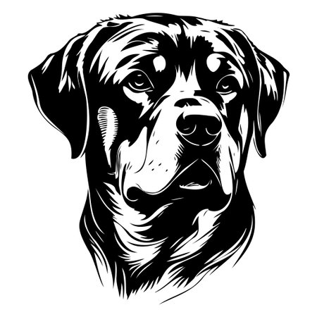 This striking black and white illustration showcases the prominent features of a Rottweiler, highlighting its loyalty and strength in a stylish, artistic presentation.のイラスト素材