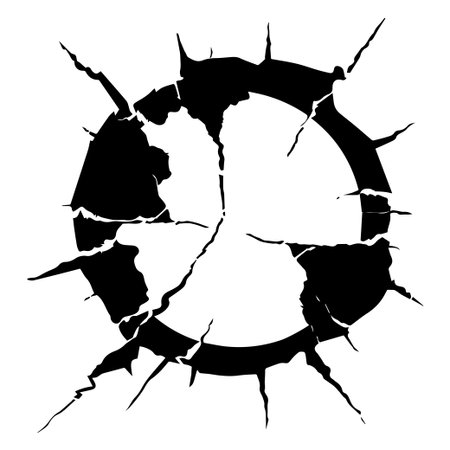 This abstract design features a cracked circle symbolizing fragmentation and tension. The monochrome color scheme enhances its dramatic impact.のイラスト素材