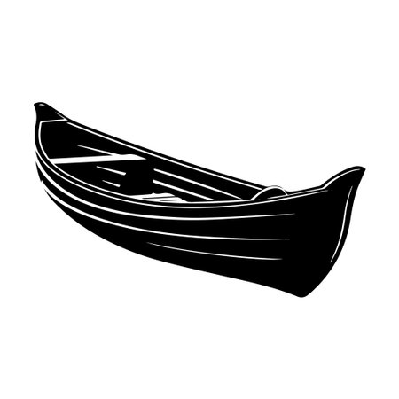 A minimalist black silhouette of a traditional wooden rowboat, showcasing a classic design against a clean white backdrop, ideal for various projects.のイラスト素材
