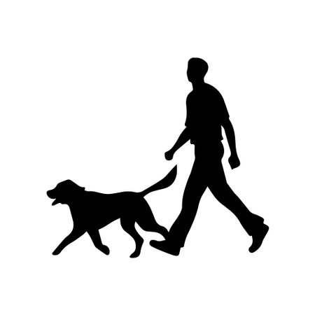 This black silhouette depicts a person walking a dog, capturing the essence of companionship and outdoor activity in a clean design.のイラスト素材