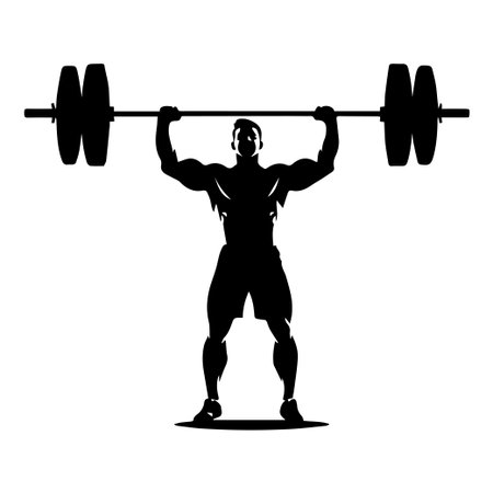 Visualize an energetic and determined male athlete performing an impressive overhead lift with a heavy barbell in a striking silhouette design.のイラスト素材