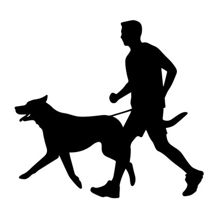 A striking silhouette captures a man jogging with a dog on a leash, showcasing the joy of outdoor exercise and the bond between pet and owner.のイラスト素材