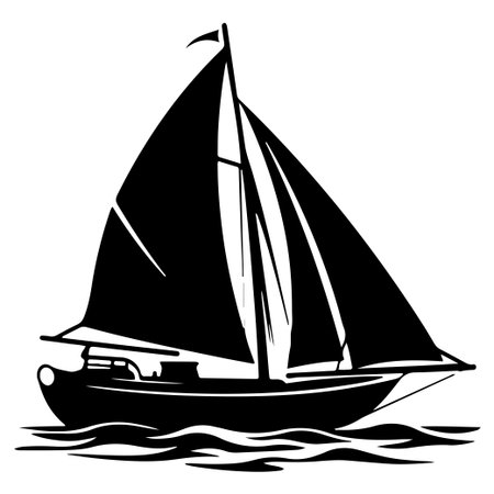This striking silhouette depicts a sailboat gracefully navigating calm waters, evoking feelings of peace, adventure, and serenity in nature.のイラスト素材