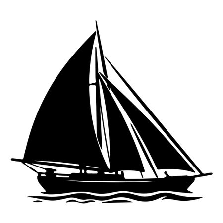This classic black silhouette depicts a sailboat gracefully navigating calm waters, perfect for nautical themes and marine-inspired designs.のイラスト素材