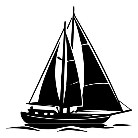 A striking black and white silhouette of a sailboat with full sails, gracefully navigating calm waters, perfect for nautical-themed designs.のイラスト素材