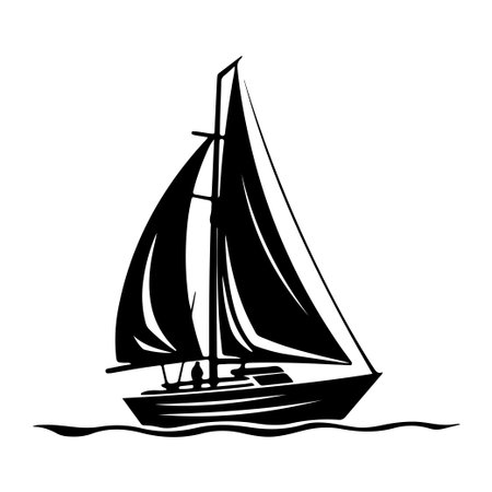 A striking silhouette of a sailboat on calm waters highlights the essence of sailing. Ideal for designs related to adventure and tranquility.のイラスト素材