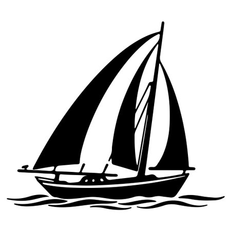 This black and white illustration features a classic sailboat with billowing sails navigating through stylized waves, perfect for nautical themes.のイラスト素材