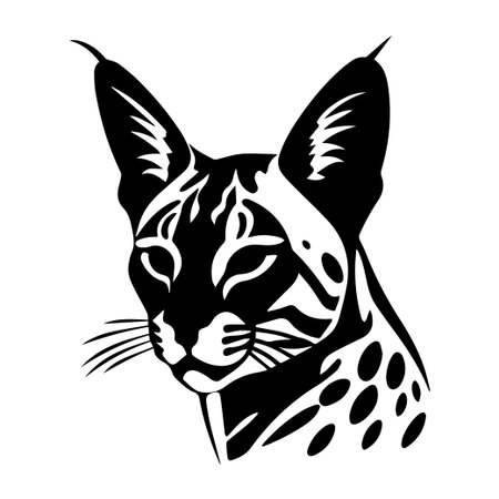 This striking black and white illustration showcases a lynx head, capturing its elegant features and majestic spirit, perfect for artistic use.のイラスト素材