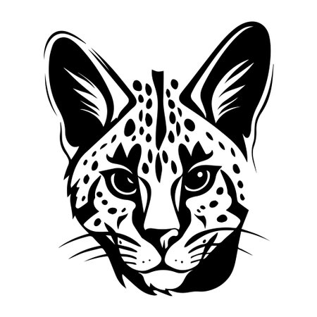 This striking black and white illustration captures the fierce beauty of a leopard head, showcasing its intricate features and unique spot patterns.のイラスト素材