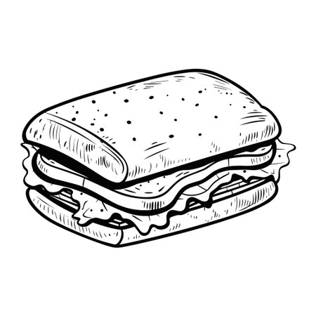 This hand-drawn sandwich illustration showcases fresh ingredients including lettuce and cheese within a soft bun, ideal for culinary inspiration.のイラスト素材
