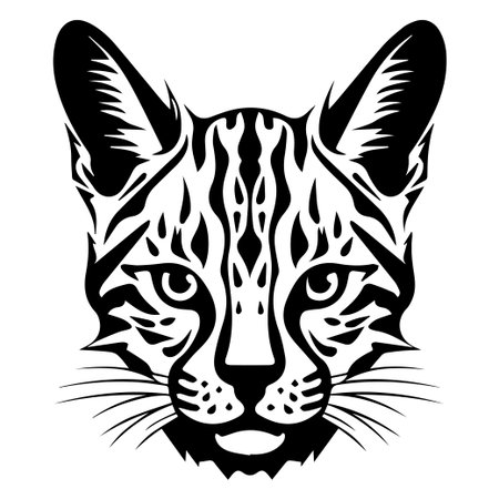 This striking black and white illustration of a wild cat face captures the fierce and elegant nature of this majestic creature with intricate patterns.のイラスト素材