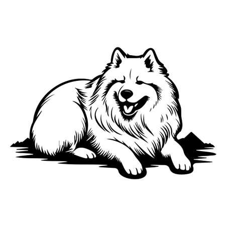 This vibrant line art illustration showcases a joyful Samoyed dog, lounging comfortably. The black and white design highlights its fluffy fur and playful expression.のイラスト素材
