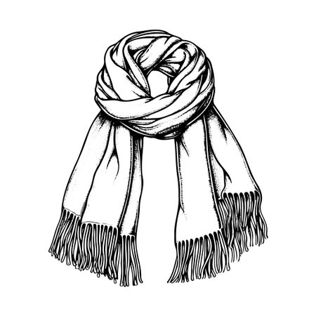 This artistic illustration features an elegant white knitted scarf, showcasing intricate patterns and fringe accents, perfect for winter fashion.のイラスト素材