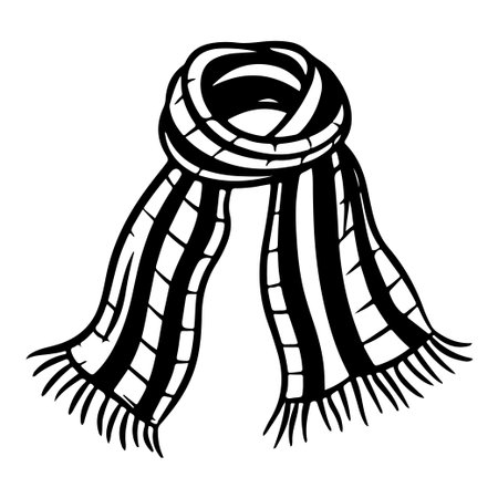 A cozy black and white striped knitted scarf with fringes, perfect for adding style and warmth to winter outfits and cold weather activities.のイラスト素材