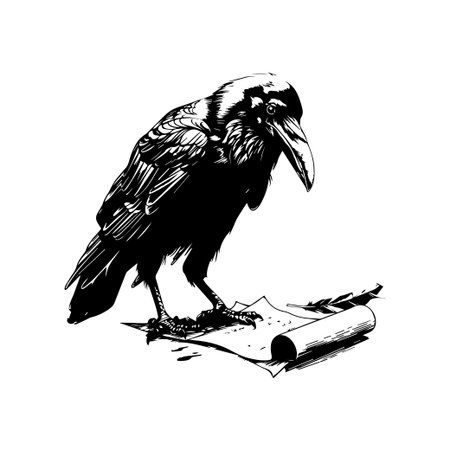 A striking black raven stands on a scroll, showcasing its intricate feathers and sharp beak. This illustration embodies themes of mystery and wisdom.のイラスト素材