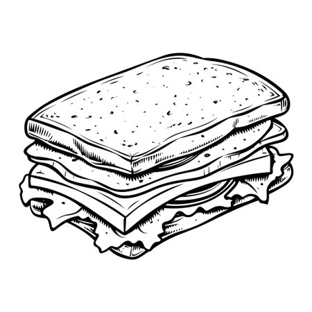 A detailed hand-drawn illustration of a classic sandwich showcasing layers of cheese, lettuce, and tomato between slices of bread. Perfect for food menus or blogs.のイラスト素材