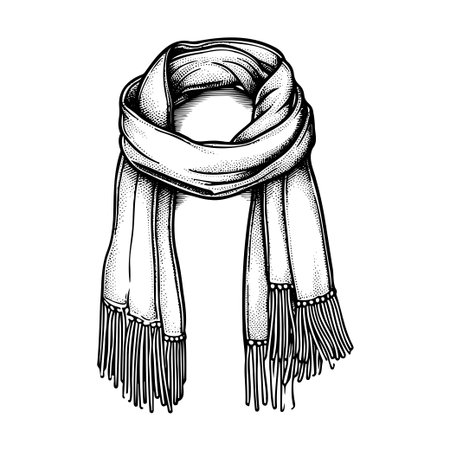 This elegant and cozy knitted scarf features a stylish fringe design, perfect for layering in winter outfits. Its monochrome illustration adds a timeless touch.のイラスト素材