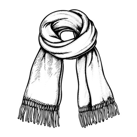 This hand-drawn illustration features a cozy knitted scarf with a soft texture and fringe detailing. Perfect for autumn and winter wardrobes.のイラスト素材