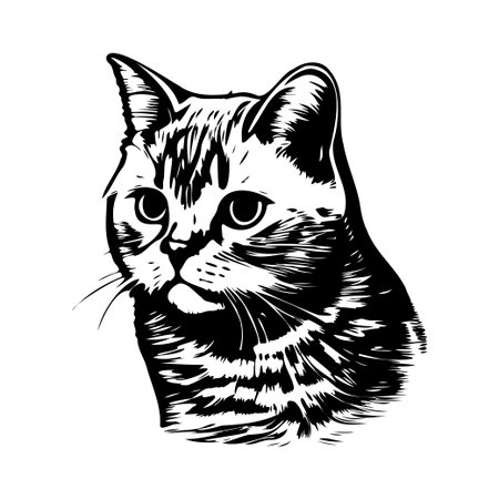 This striking black and white illustration captures the essence of a cat's face with intricate line details and expressive features. Perfect for art lovers.のイラスト素材
