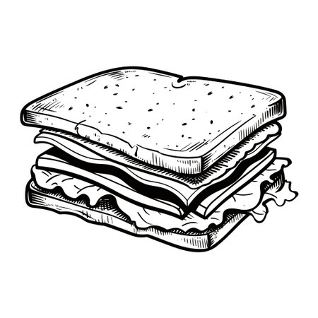 A detailed hand-drawn illustration of a classic sandwich featuring layers of bread, cheese, and lettuce, ideal for food-related projects or recipes.のイラスト素材