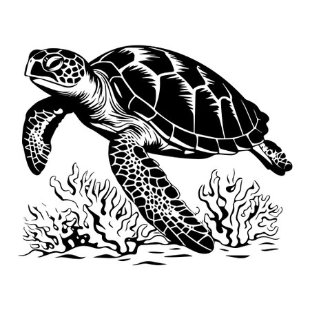 This striking black and white illustration features a sea turtle gracefully swimming above vibrant coral reefs, showcasing the beauty of marine life.のイラスト素材
