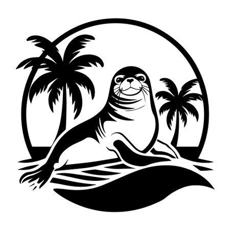 This black and white silhouette artwork features a playful seal resting on a beach with palm trees in the background, evoking a tranquil tropical vibe.のイラスト素材