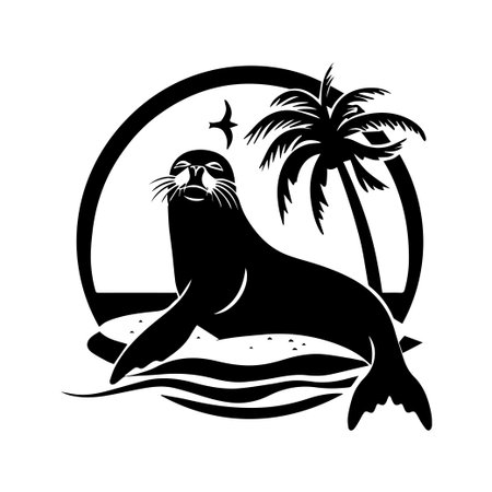 This minimalist illustration features a playful seal lounging on a sandy beach surrounded by palm trees and a beautiful sunset silhouette. Perfect for tropical themes.のイラスト素材
