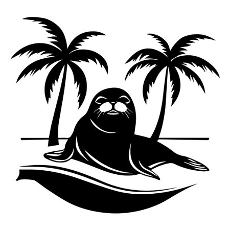A charming black and white illustration of a seal lounging by the beach, surrounded by palm trees and gentle waves, evoking relaxation.のイラスト素材