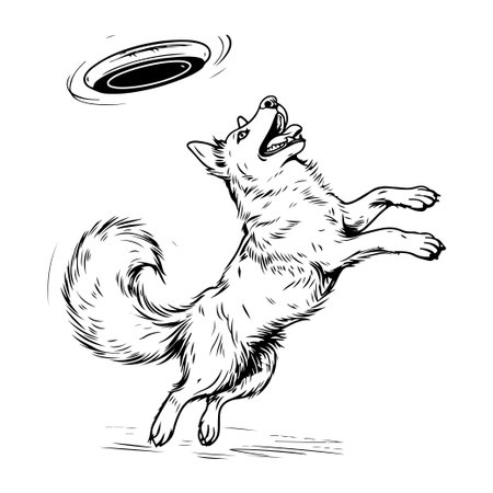 A lively black and white sketch of a dog joyfully jumping to catch a frisbee, capturing the essence of playful outdoor adventures and pet companionship.のイラスト素材