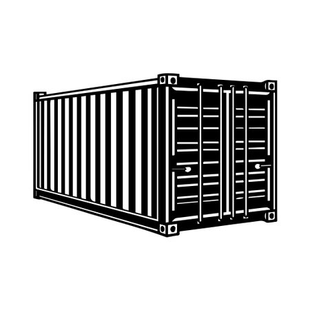 This detailed black and white illustration features a shipping container with vertical stripes, ideal for use in industrial and logistics themes.のイラスト素材
