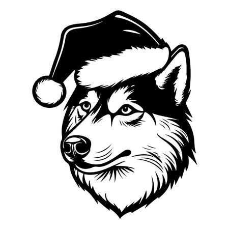 A charming wolf with a cheerful expression, adorned with a festive Santa hat, ideal for capturing the spirit of the holiday season in graphics.のイラスト素材