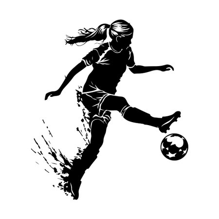 This striking silhouette captures a girl in motion, effortlessly kicking a soccer ball. The design conveys energy and passion for sports.のイラスト素材