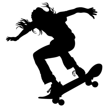 A striking silhouette of a female skateboarder in mid-air, showcasing an exciting trick that captures the essence of urban youth culture and action.のイラスト素材