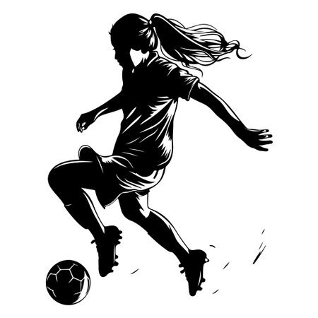 This artwork features a dynamic silhouette of a young female soccer player in mid-kick. It embodies energy, movement, and athletic prowess perfect for sports themes.のイラスト素材