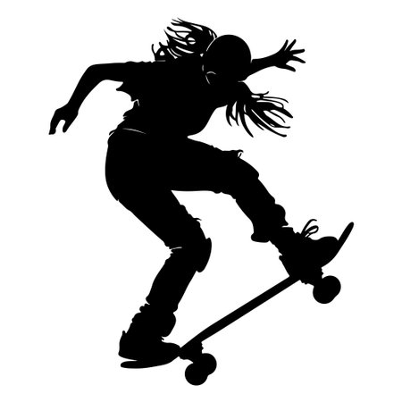 A striking silhouette of a female skater mid-jump, showcasing her skills and athleticism. The dynamic pose captures the essence of freedom and excitement in skate culture.のイラスト素材
