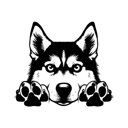 This playful black and white illustration of a dog's face showcases alert eyes and extended paws, perfect for various creative uses in designs.のイラスト素材