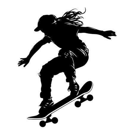 Dynamic silhouette of a young skater performing an impressive trick on a skateboard, showcasing energy and athleticism against a plain background.のイラスト素材