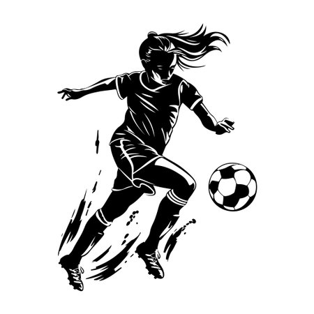 This bold illustration features a female soccer player in mid-kick, capturing the essence of movement and athleticism in a striking monochrome design.のイラスト素材