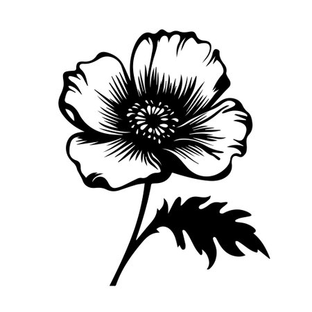This elegant black line drawing features a delicate flower with intricate petal details and a graceful stem, perfect for art and decor.のイラスト素材