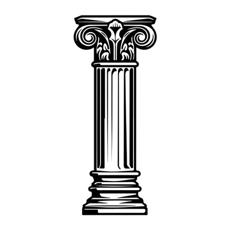 This black and white illustration showcases a detailed Corinthian column featuring an elegantly designed capital and a fluted shaft, symbolizing classical architecture.のイラスト素材