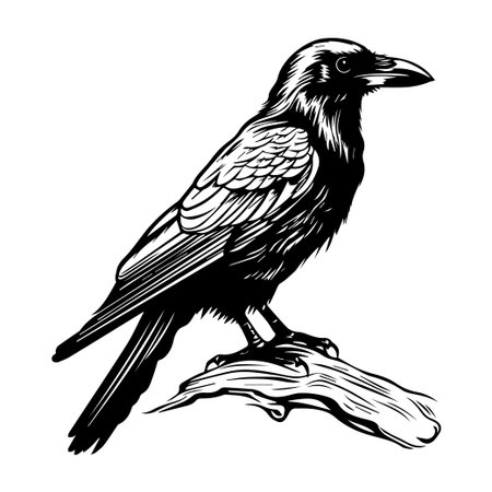 This stunning black and white illustration showcases a raven beautifully detailed while perched gracefully on a branch, emphasizing nature's elegance.のイラスト素材