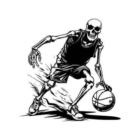 A striking illustration of a skeleton basketball player demonstrating vibrant action while dribbling a ball, showcasing unique graphic style and energy.のイラスト素材