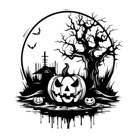Capture the spirit of Halloween with this eerie illustration featuring Jack-o'-lanterns, a gnarled tree, bats, and a full moon backdrop.のイラスト素材