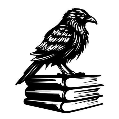 This artistic illustration features a striking black raven perched on a stack of old books, symbolizing knowledge and mystery. Perfect for literary themes.のイラスト素材