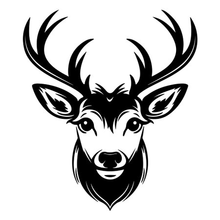 Discover a striking black and white illustration of a deer head, featuring intricate details of antlers and a captivating expression. Perfect for decor.のイラスト素材