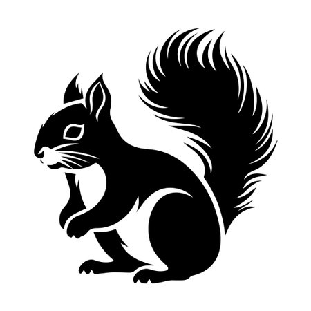 This black silhouette captures a playful squirrel with a bushy tail, depicting its natural behavior of eating while surrounded by nature.のイラスト素材