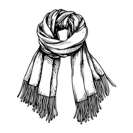 This hand-drawn illustration portrays a cozy winter scarf, emphasizing its fringed edges and soft texture. Perfect for fashion enthusiasts.のイラスト素材