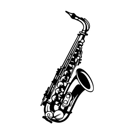 This striking black and white silhouette of a saxophone embodies the spirit of jazz music and artistic expression with its elegant curves.のイラスト素材